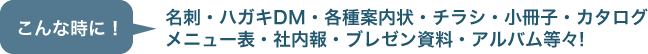 名刺・ハガキDM・各種案内状・チラシ・小冊子・カタログ/メニュー表・社内報・ブレゼン資料・アルバム等々!